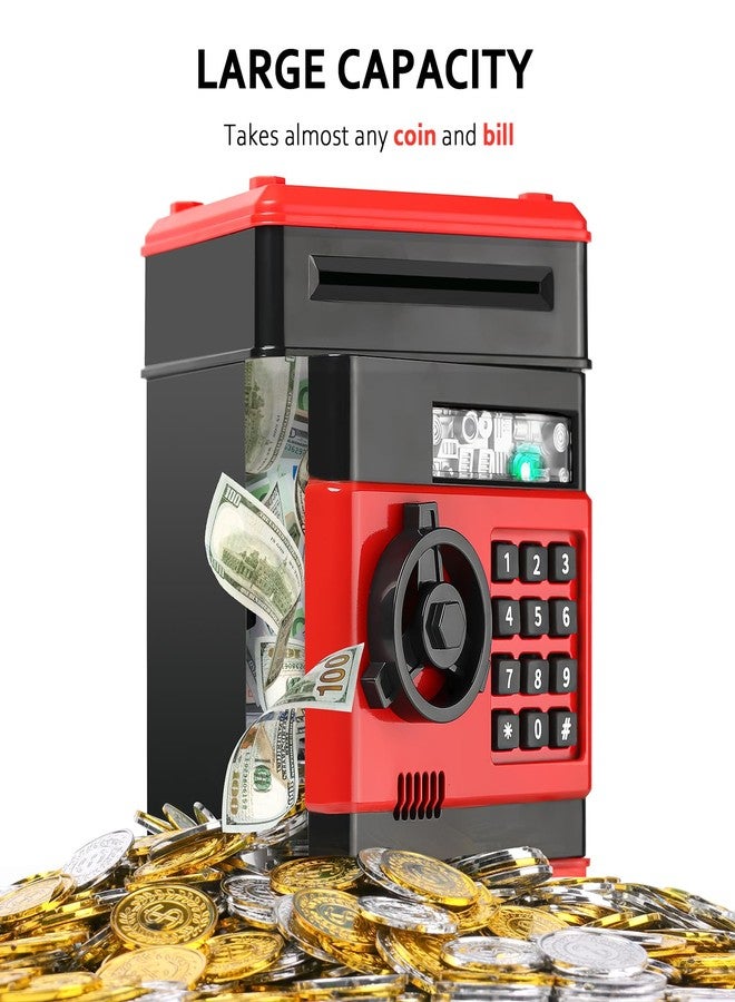 Vcertcpl ATM Piggy Bank for Boys Girls, Vcertcpl Mini ATM Coin Bank Money Saving Box with Password, Kids Safe Money Jar for Adults with Auto Grab Bill Slot, Great Gift Toy Bank for Kids (RedBlack 02) - Image 4